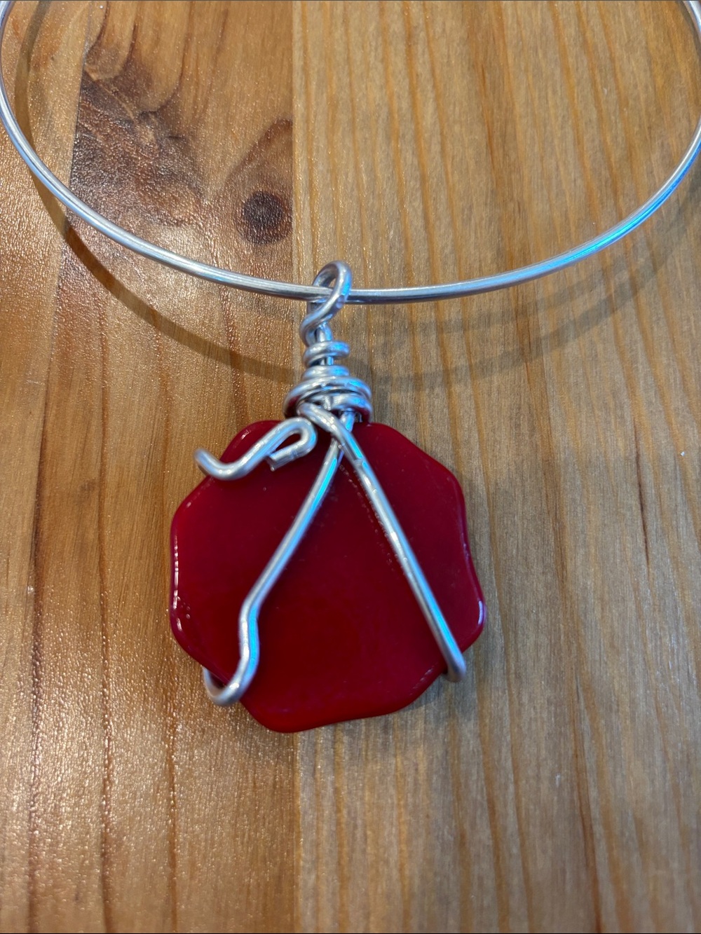 Red Pendant Bangle Necklace - Silver-Toned Wire Accent - Picture 3 of 5